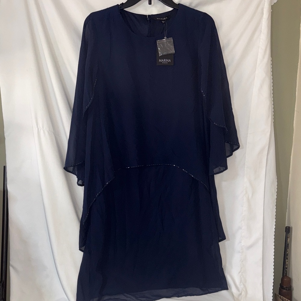Marina Navy Blue Embellished Chiffon Overlay Sheath Cocktail Dress Size 6 NWT